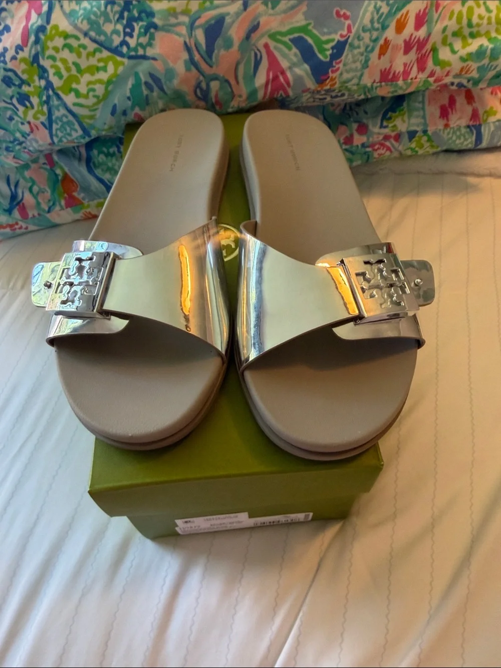 Tory Burch mellow buckle slide sandal in mirrored Metallic  10 new in box